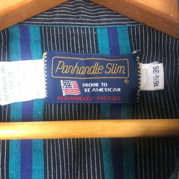 Vtg Panhandle Slim Western Pearl Snap Shirt 16-1/2 35 Blue Striped USA Pockets - Picture 3 of 10